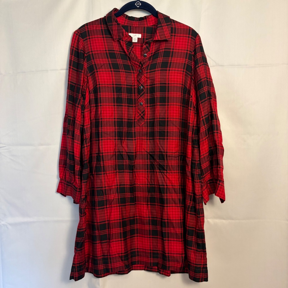 J. Jill Red Black Plaid Tencel Lyocell Tunic Dress Petite XS WDR279272
